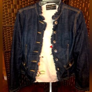 Baccini Denim jacket with ruffle trim, size small